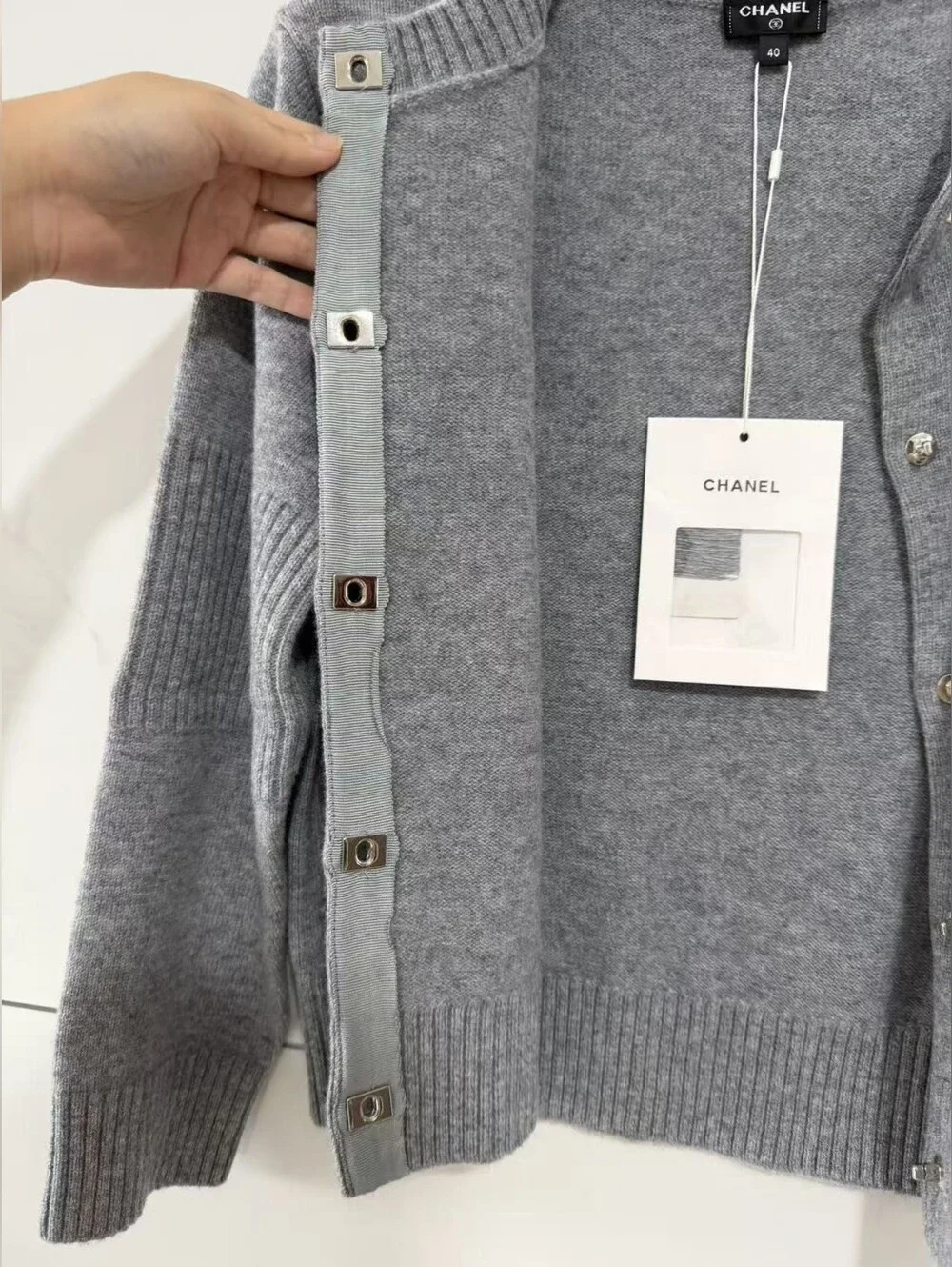 Chanel Gray Crewneck Cashmere Blend Cardigan Sweater